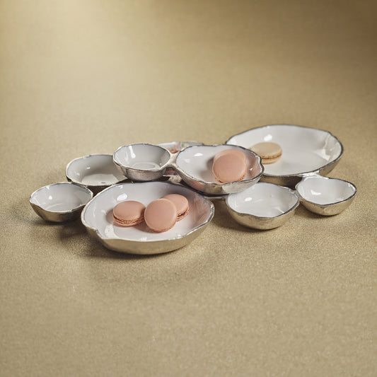 Cluster of Nine Round Serving Bowls - Nickel and White