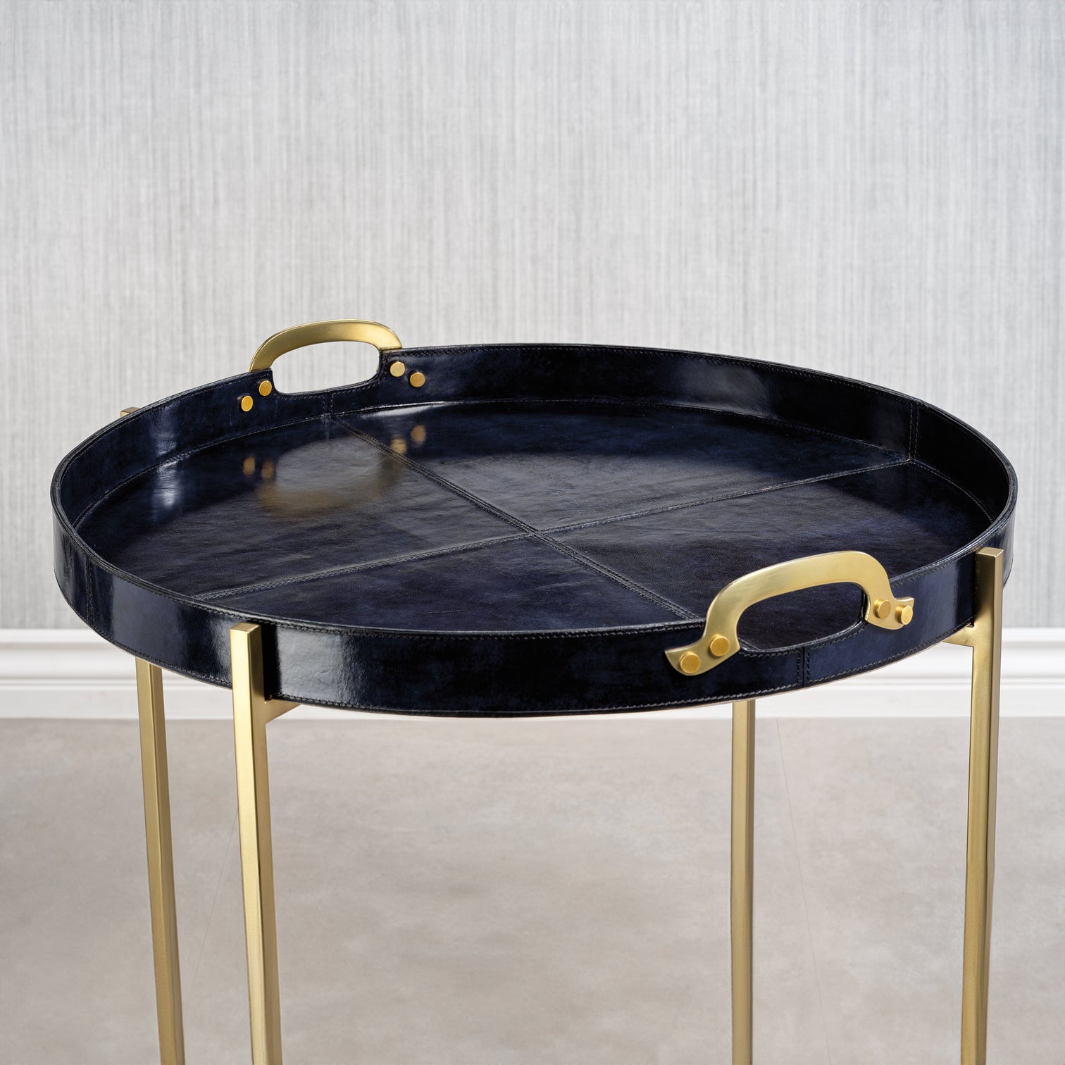 Savoy Leather w/ Brass Handles Round Tray on Stand - Blue and Gold - Furniture by Carlyle Avenue