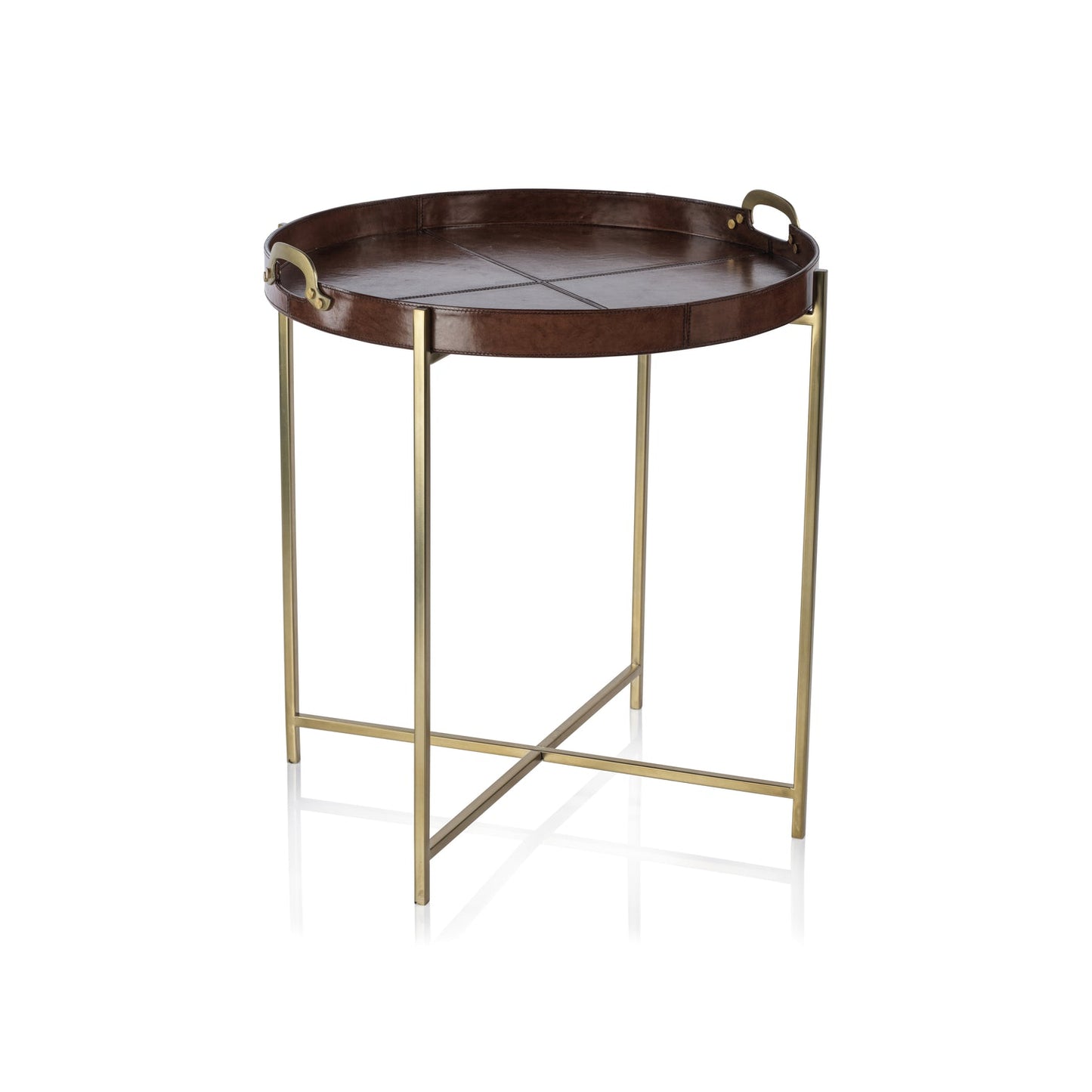 Aspen Leather with Brass Handles Round Tray on Stand