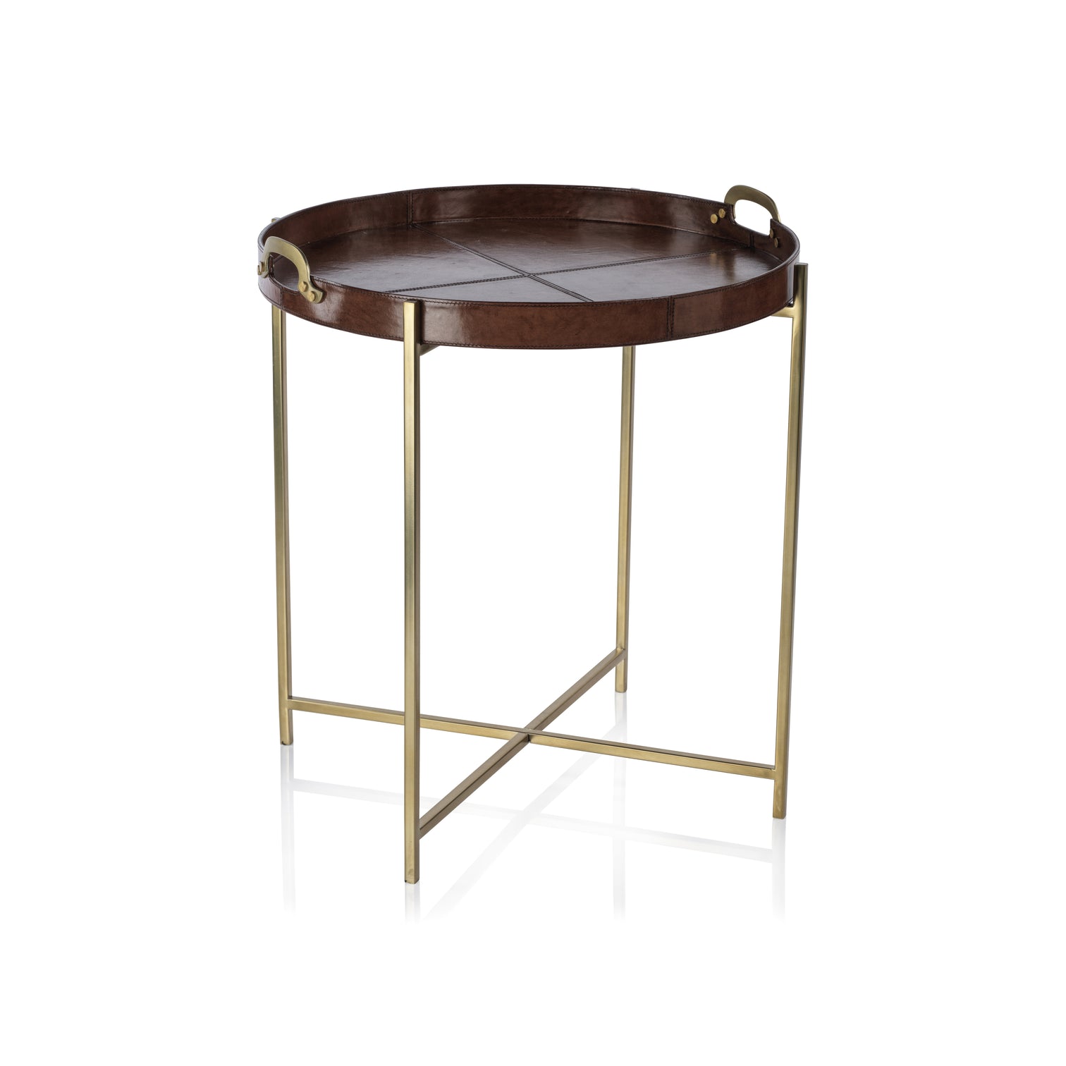 Aspen Leather with Brass Handles Round Tray on Stand - Furniture by Carlyle Avenue