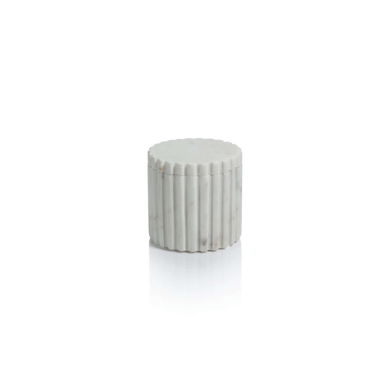 Camogli Bath Collection round canister with lid made from white marble, featuring sculpted vertical fluting design.