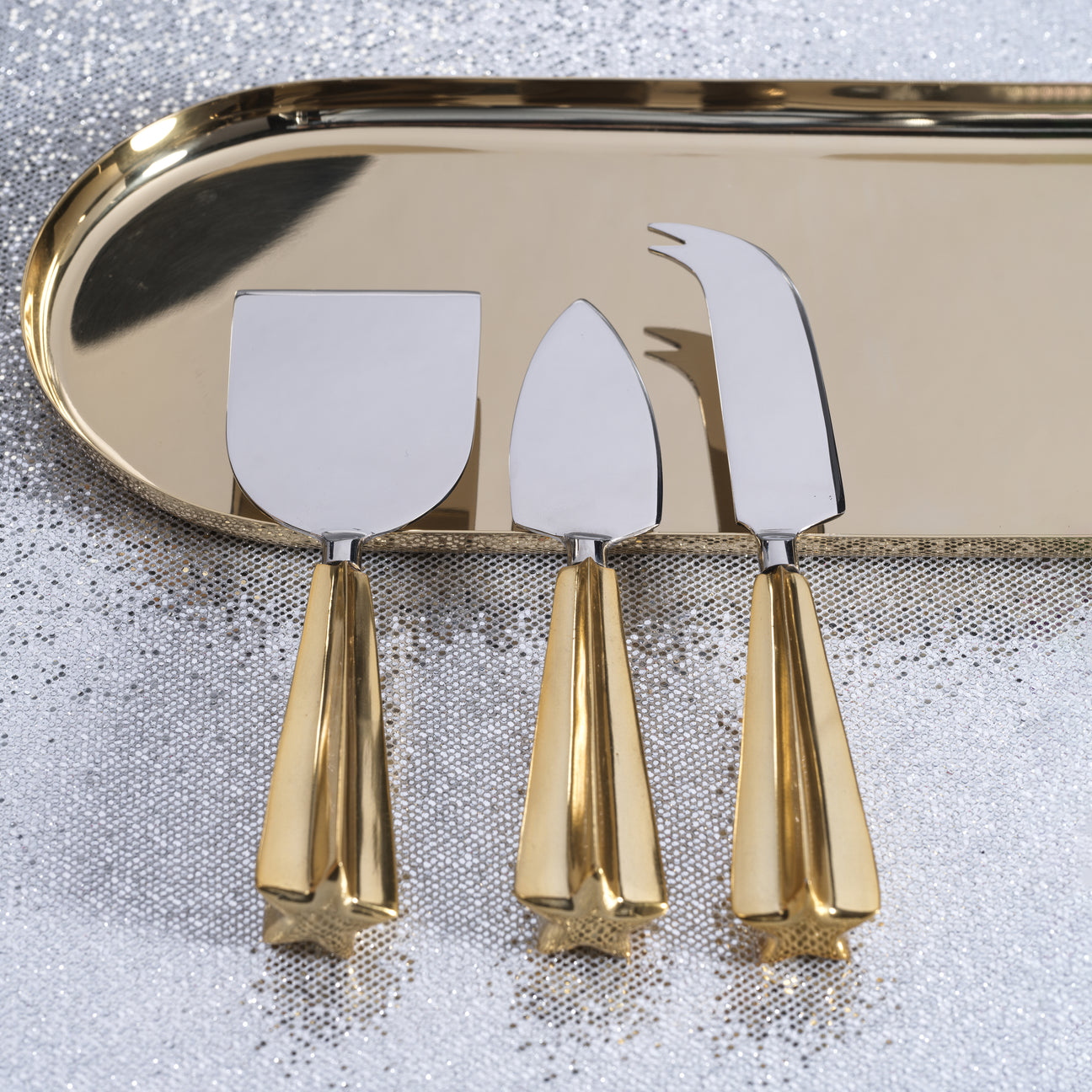 Cheese Knife Set - Set of 3 - Polished Steel and Gold