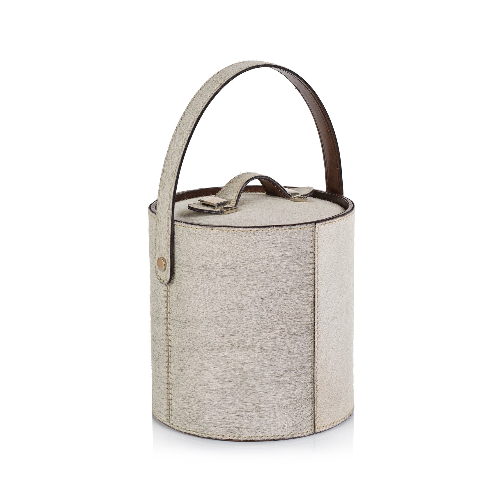 Textured cylindrical container with a handle on a white background