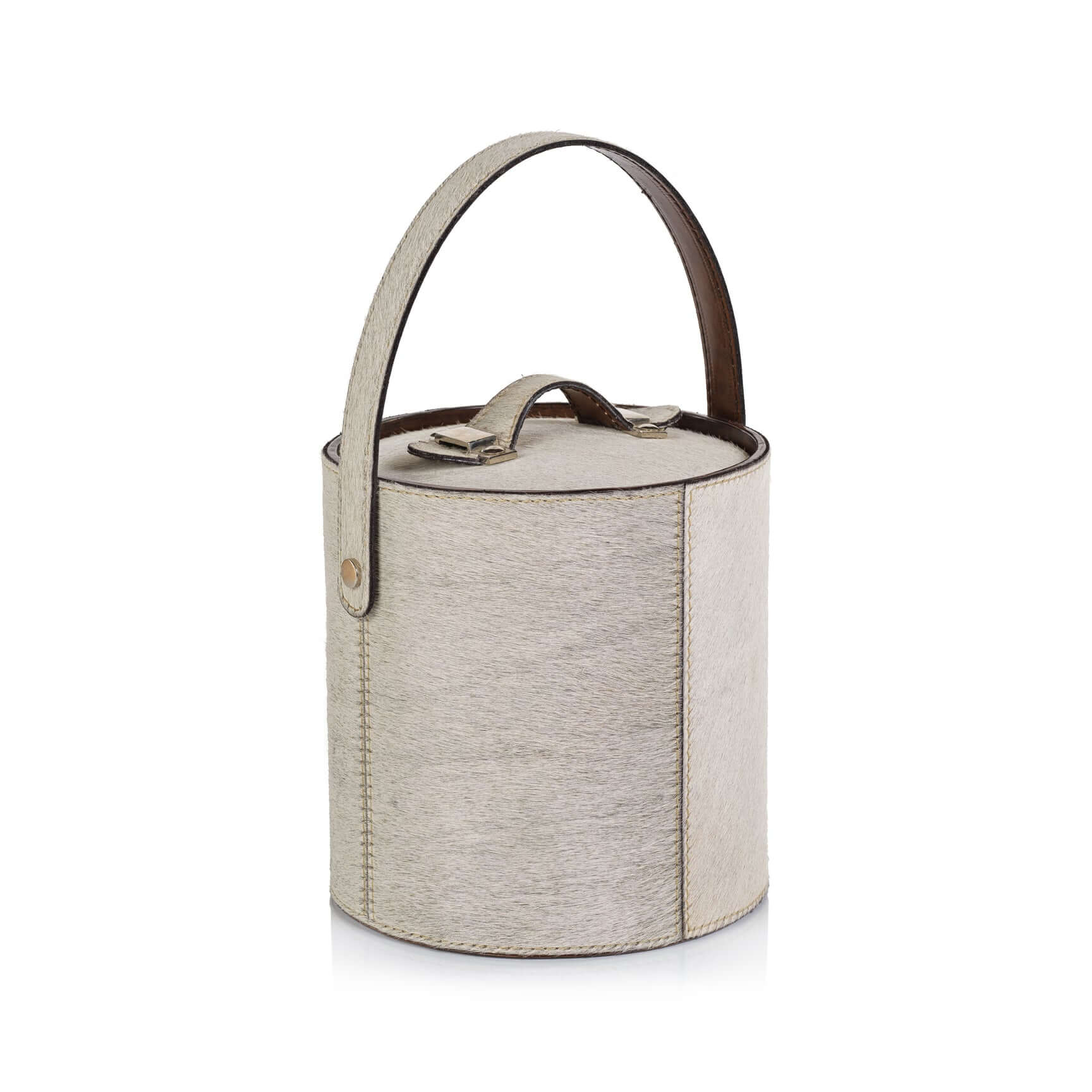 Textured cylindrical container with a handle on a white background