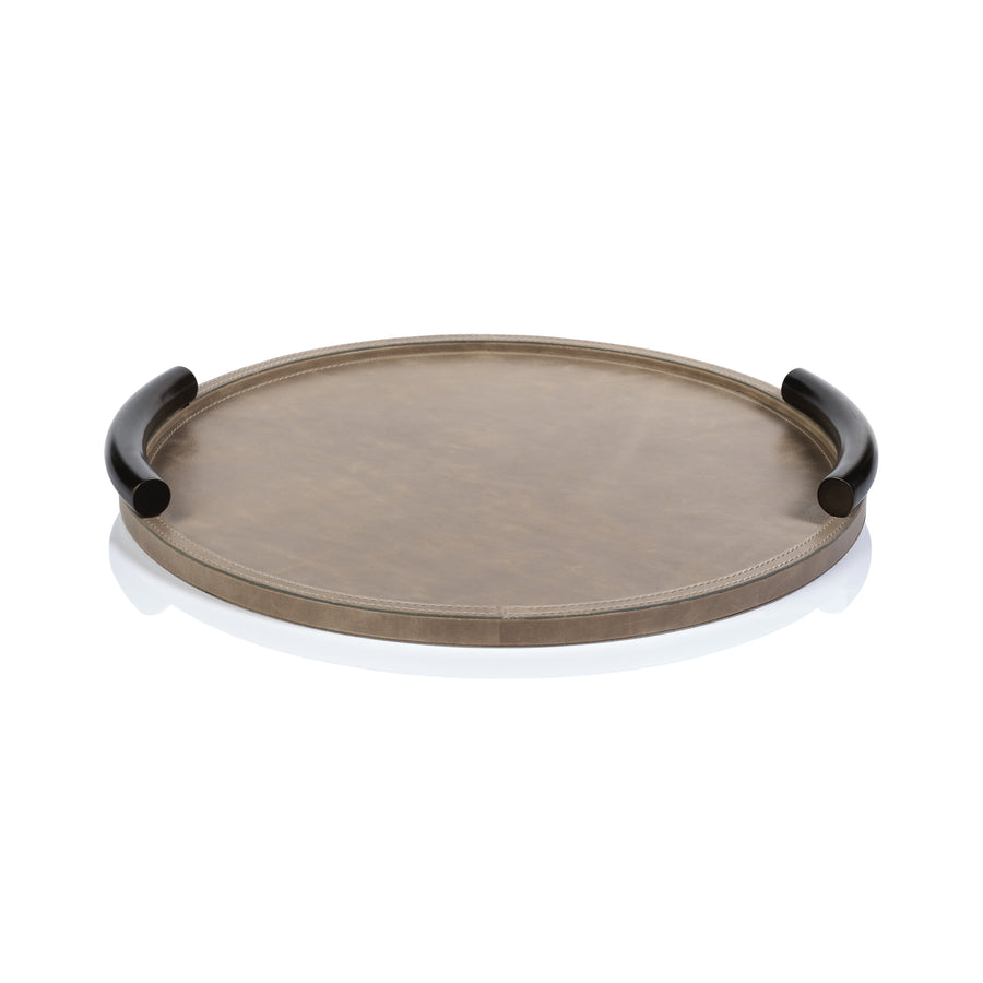 Bellecôte Round Serving Tray - Mink Leather with Metal Handles