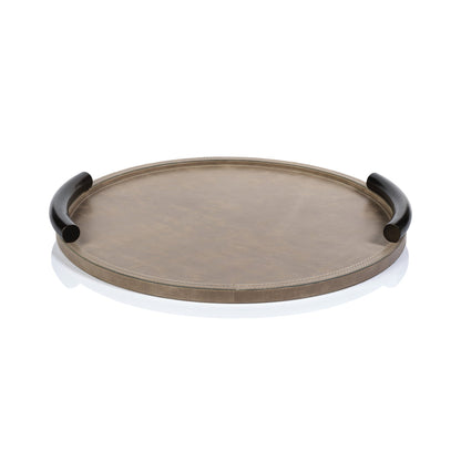 Bellecôte Round Serving Tray - Mink Leather with Metal Handles