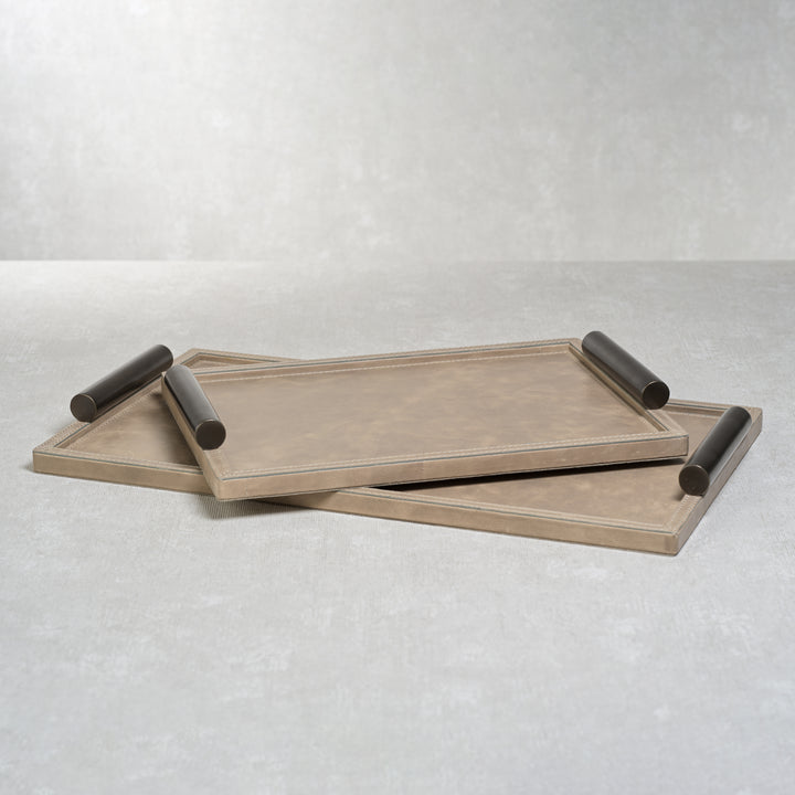 Bellecôte Rectangular Serving Tray - Mink Leather with Metal Handles