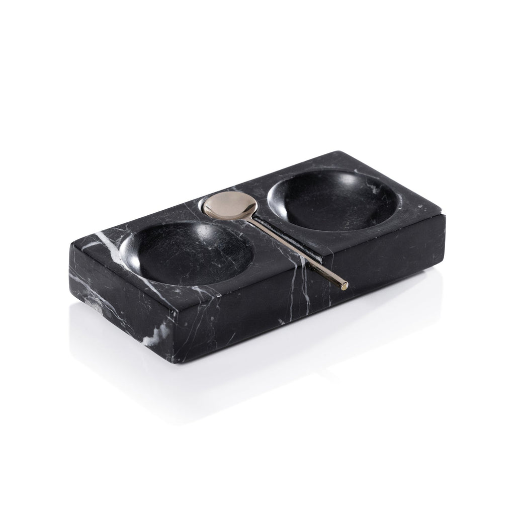 Marble Salt and Pepper Dish with Spoon - Black