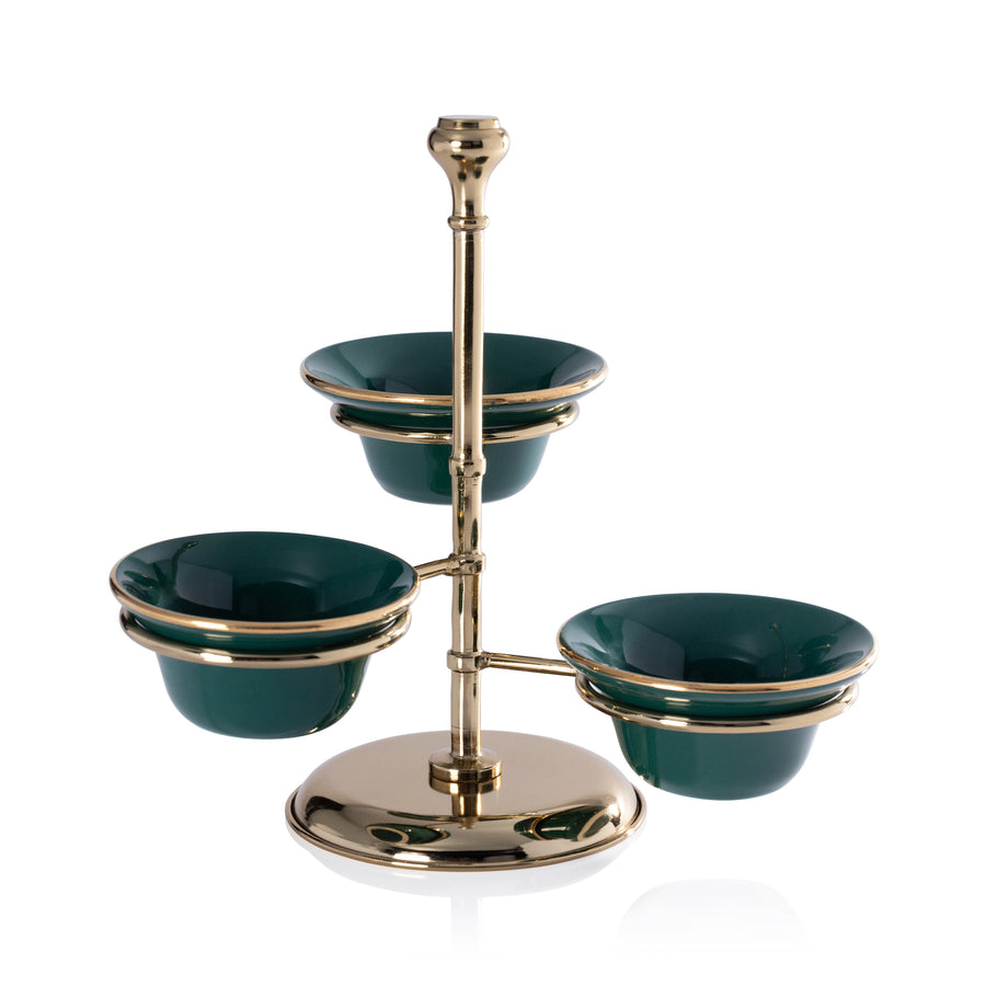 3-Tier Condiment Bowl Set - Polished Gold Stand w/ Green Ceramic Bowls - Serveware by Carlyle Avenue