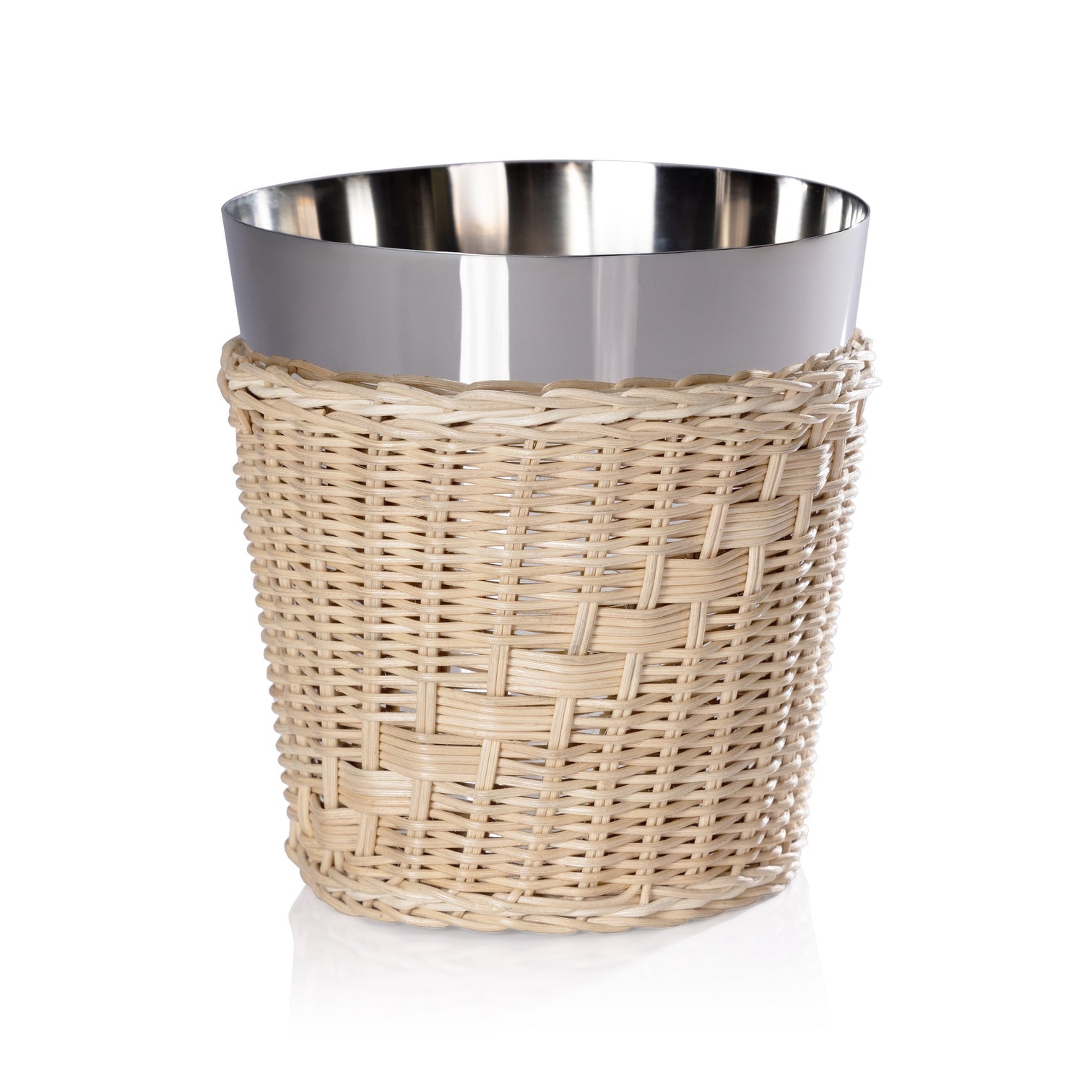 The Palmier Wine and Champagne Bucket with handwoven rattan exterior and polished steel interior, displayed on a white surface.