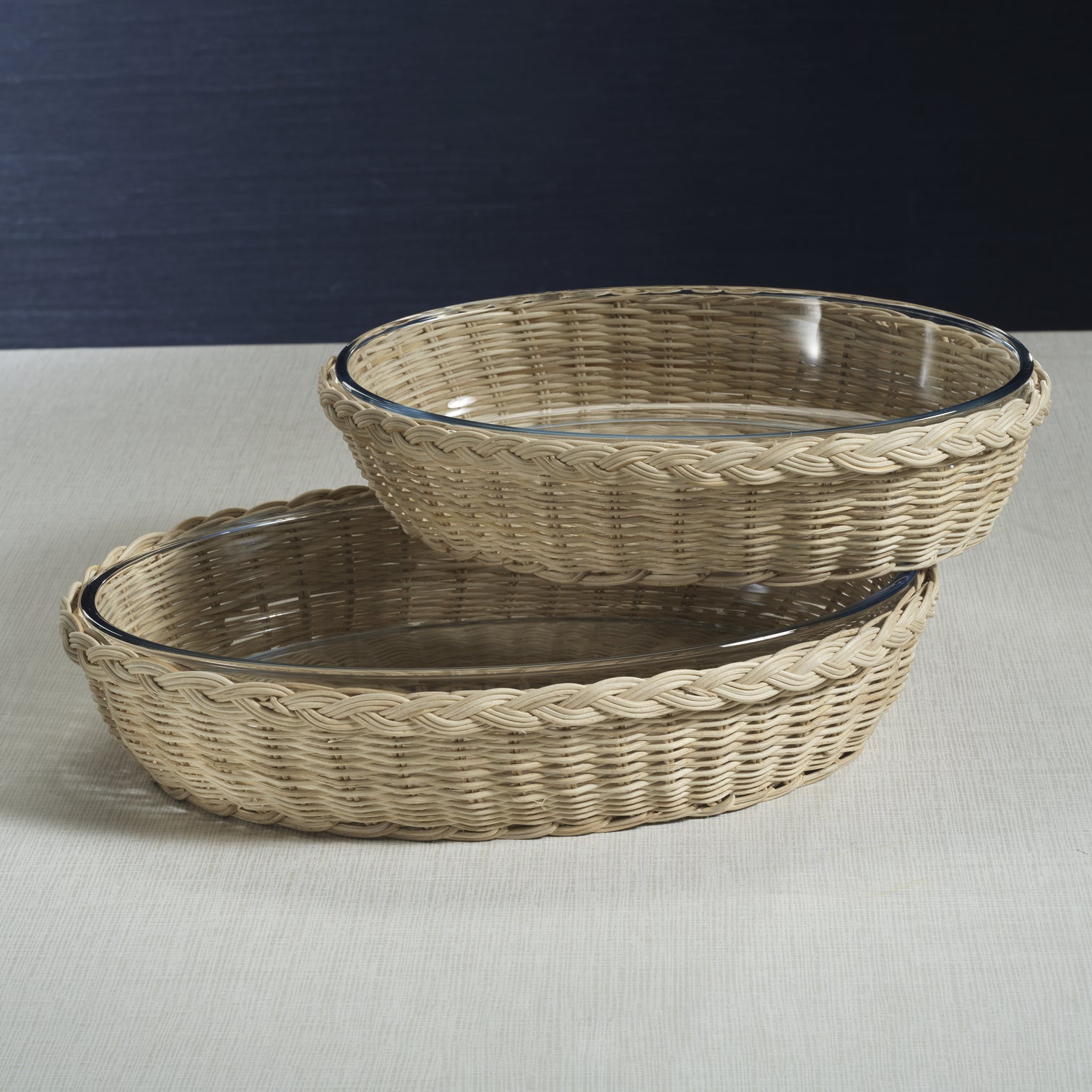 The Palmier Oval Glass Bowl in Woven Rattan Basket - Kitchenware by Carlyle Avenue