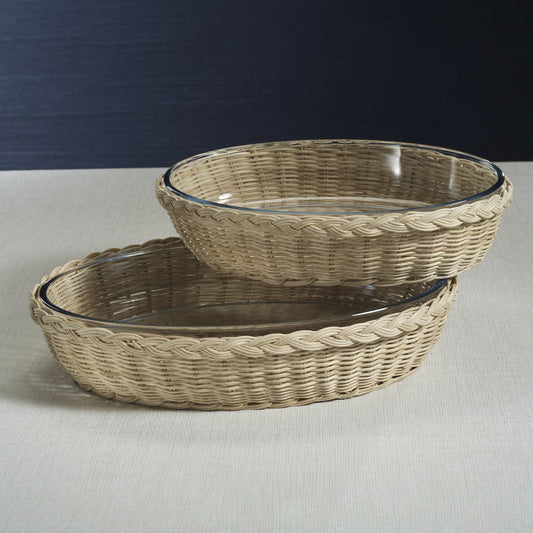 The Palmier Oval Glass Bowl in Woven Rattan Basket - Kitchenware by Carlyle Avenue