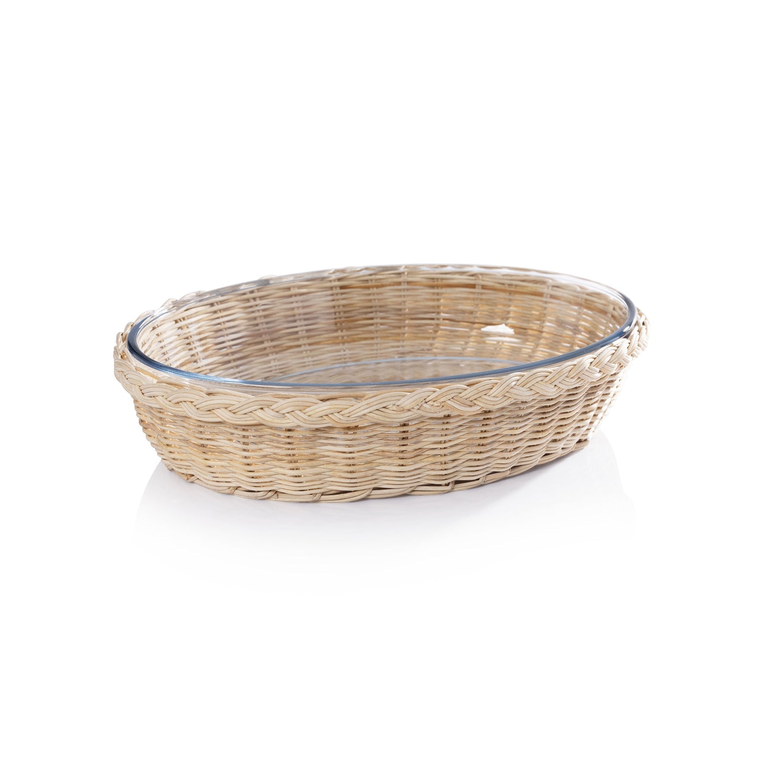 The Palmier Oval Glass Bowl in Woven Rattan Basket - Kitchenware by Carlyle Avenue