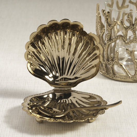 Cap Ferrat Fan Shell Lidded Bowl with Spoon - Polished Gold - Bowls by Carlyle Avenue