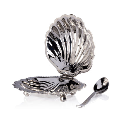 Cap Ferrat Fan Shell Lidded Bowl with Spoon - Polished Nickel - CARLYLE AVENUE