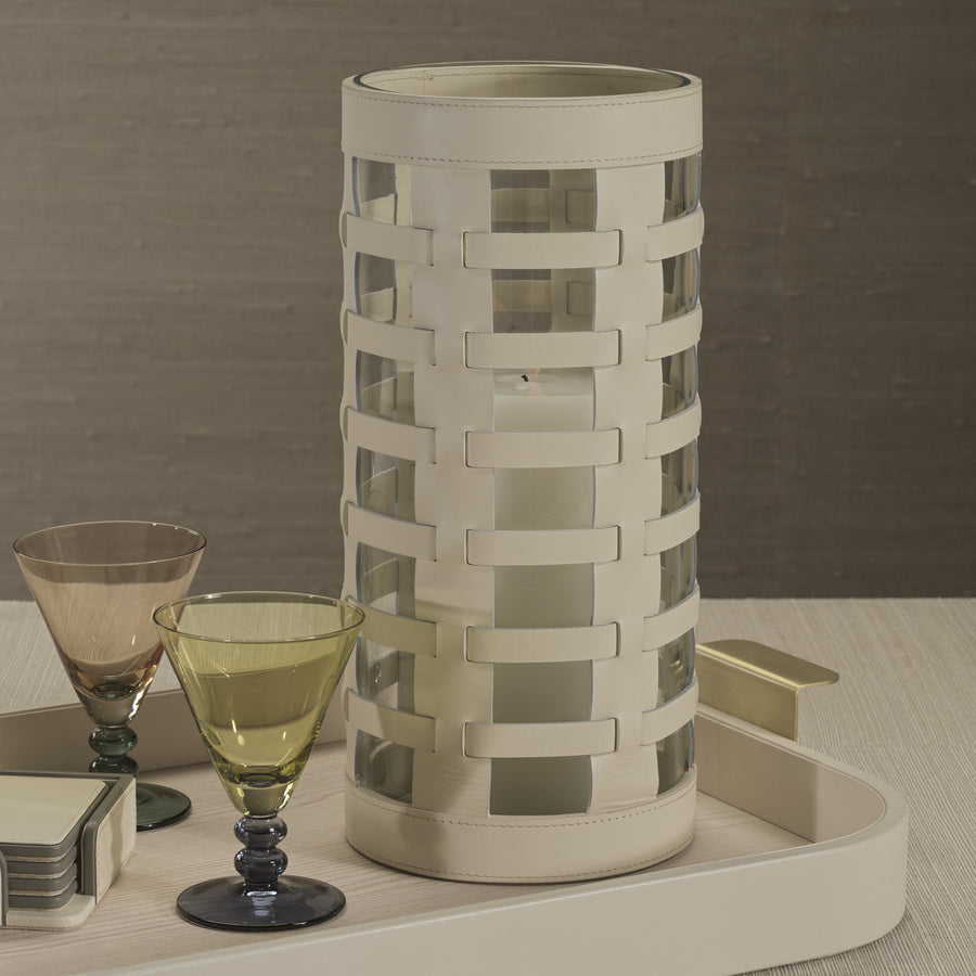 Nappa Woven Leather Glass Vase / Hurricane - Cream - CARLYLE AVENUE