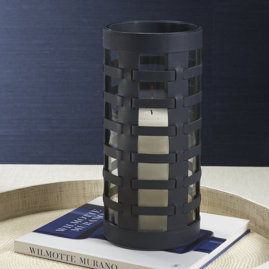 Nappa Woven Leather Glass Vase / Hurricane - Navy - Candle Accessories by Carlyle Avenue