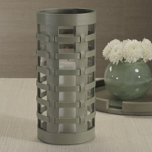 Nappa Woven Leather Glass Vase / Hurricane - Sage - Candle Accessories by Carlyle Avenue