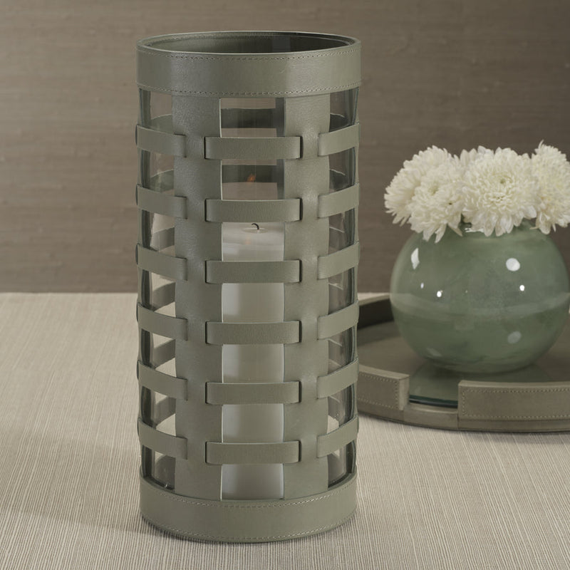 Nappa Woven Leather Glass Vase / Hurricane - Sage - Candle Accessories by Carlyle Avenue