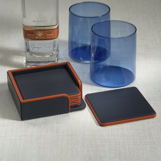 Nappa Leather Coasters - Set of 4 - Navy & Orange - Coasters by Carlyle Avenue