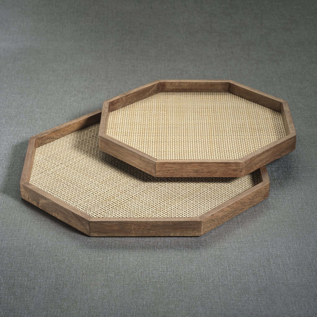 The Marais Tray showcasing an octagonal design with a mango wood frame and woven rattan inlay.