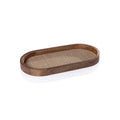 The Marais Oval Tray made of solid mango wood with a rattan inlay, featuring a deep walnut finish.