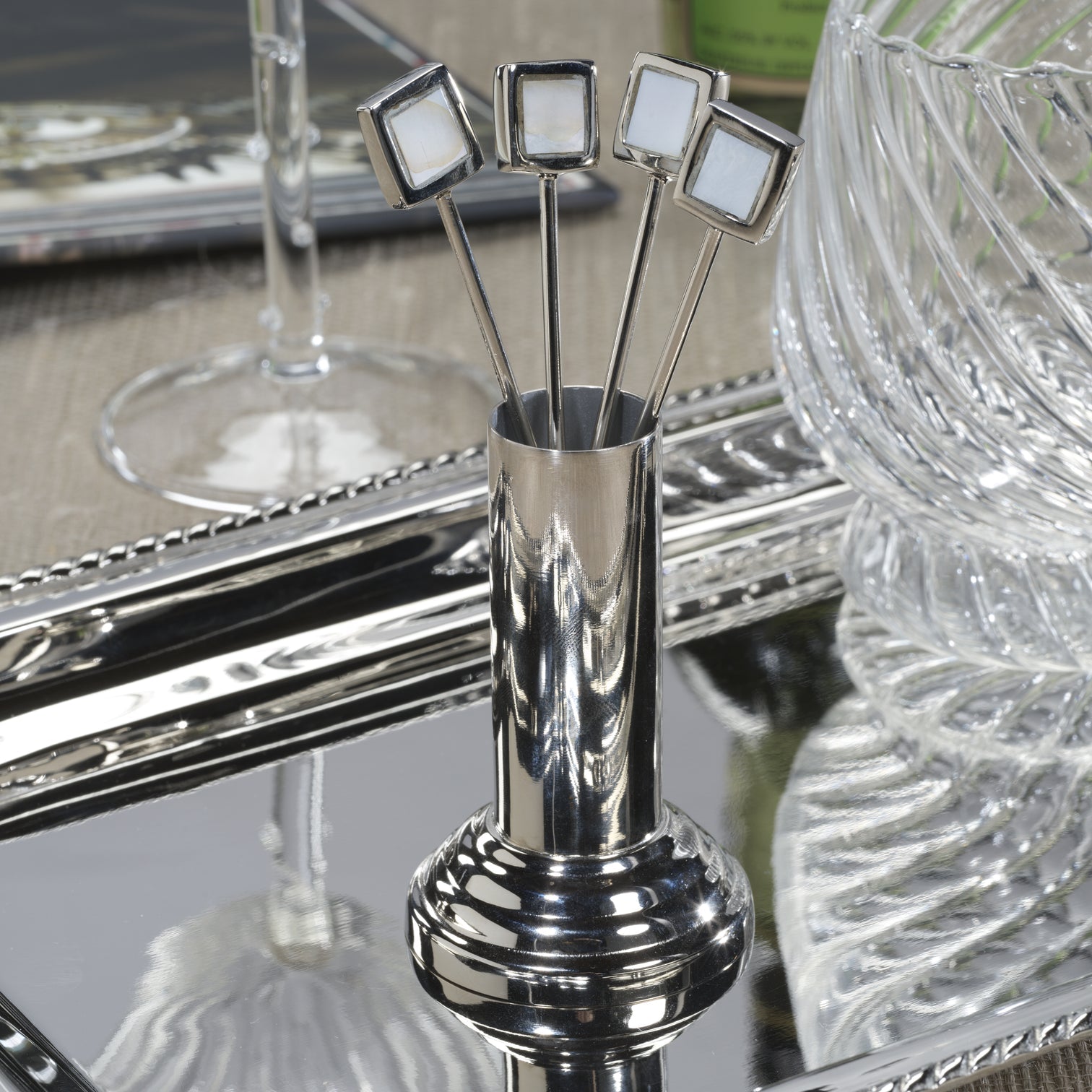 Spiga Set of 4 Cocktail Picks with Stand - Polished Nickel - CARLYLE AVENUE