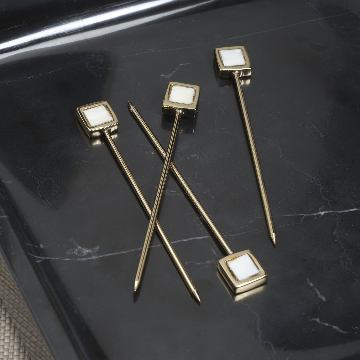 Spiga Set of 4 Cocktail Picks - Gold Metal with Mother of Pearl Accent - Barware by Carlyle Avenue