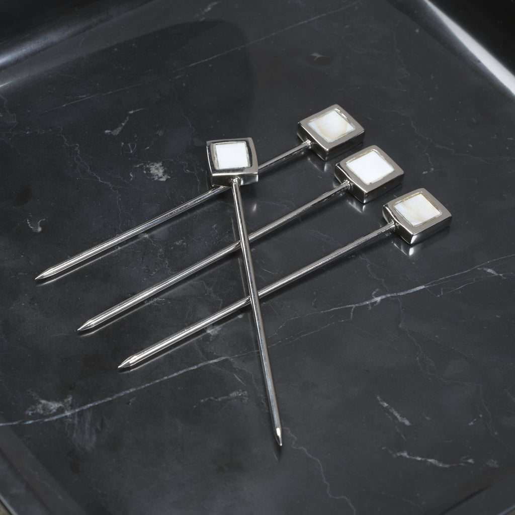 Spiga Set of 4 Cocktail Picks - Polished Nickel Metal with Mother of Pearl Accent - Barware by Carlyle Avenue