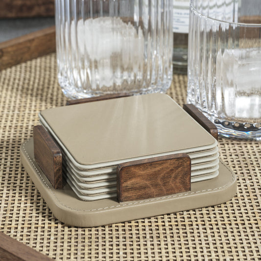 Sotto Leather with Burl Veneer Coaster Set of 6 - Cappuccino - Coasters by Carlyle Avenue