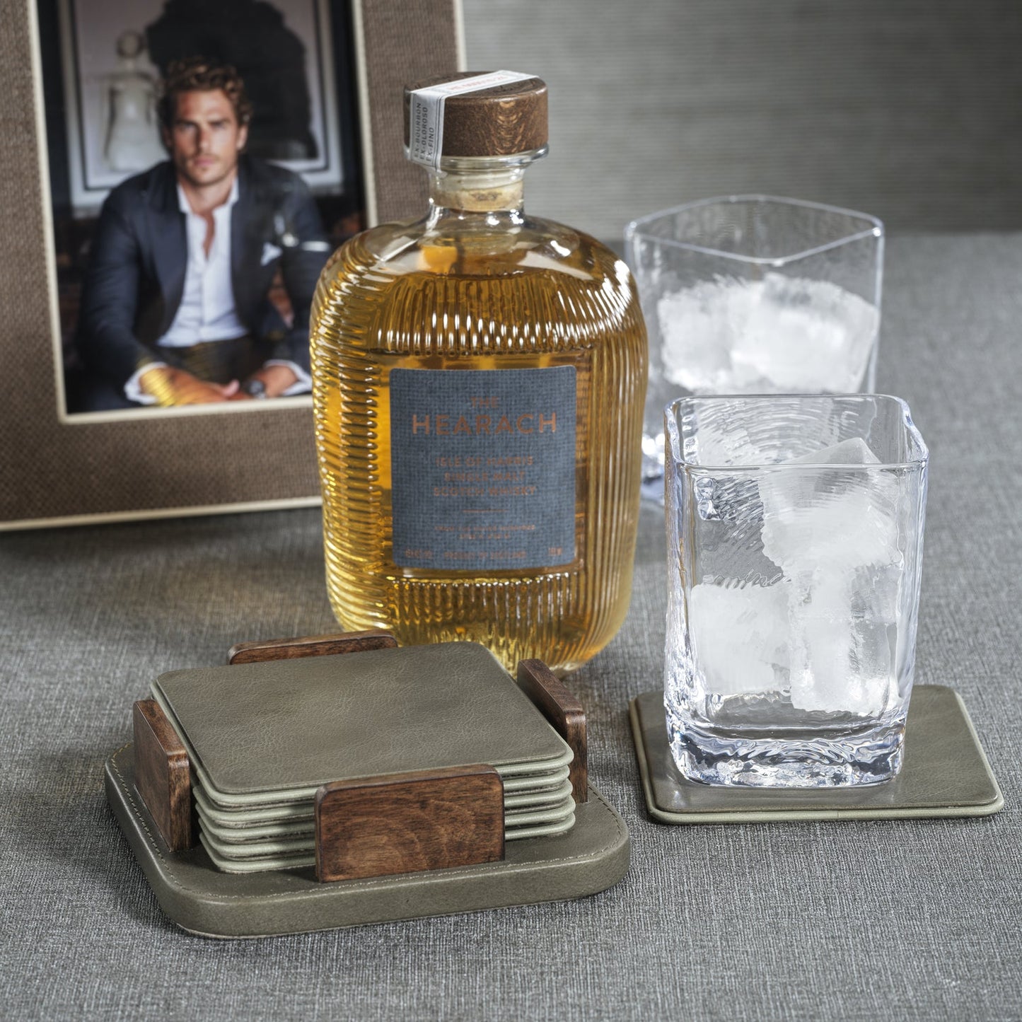 Sotto Leather with Burl Veneer Coaster Set of 6 - Cedar Green