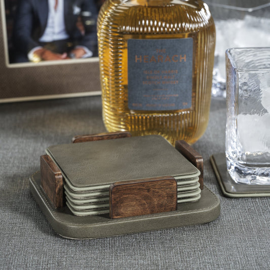 Sotto Leather with Burl Veneer Coaster Set of 6 - Cedar Green