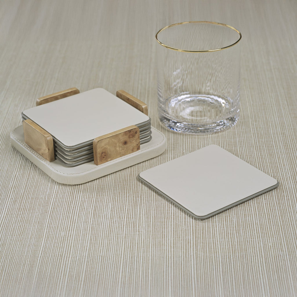 Sotto Leather with Burl Veneer Coaster Set - Ivory - Coasters by Carlyle Avenue