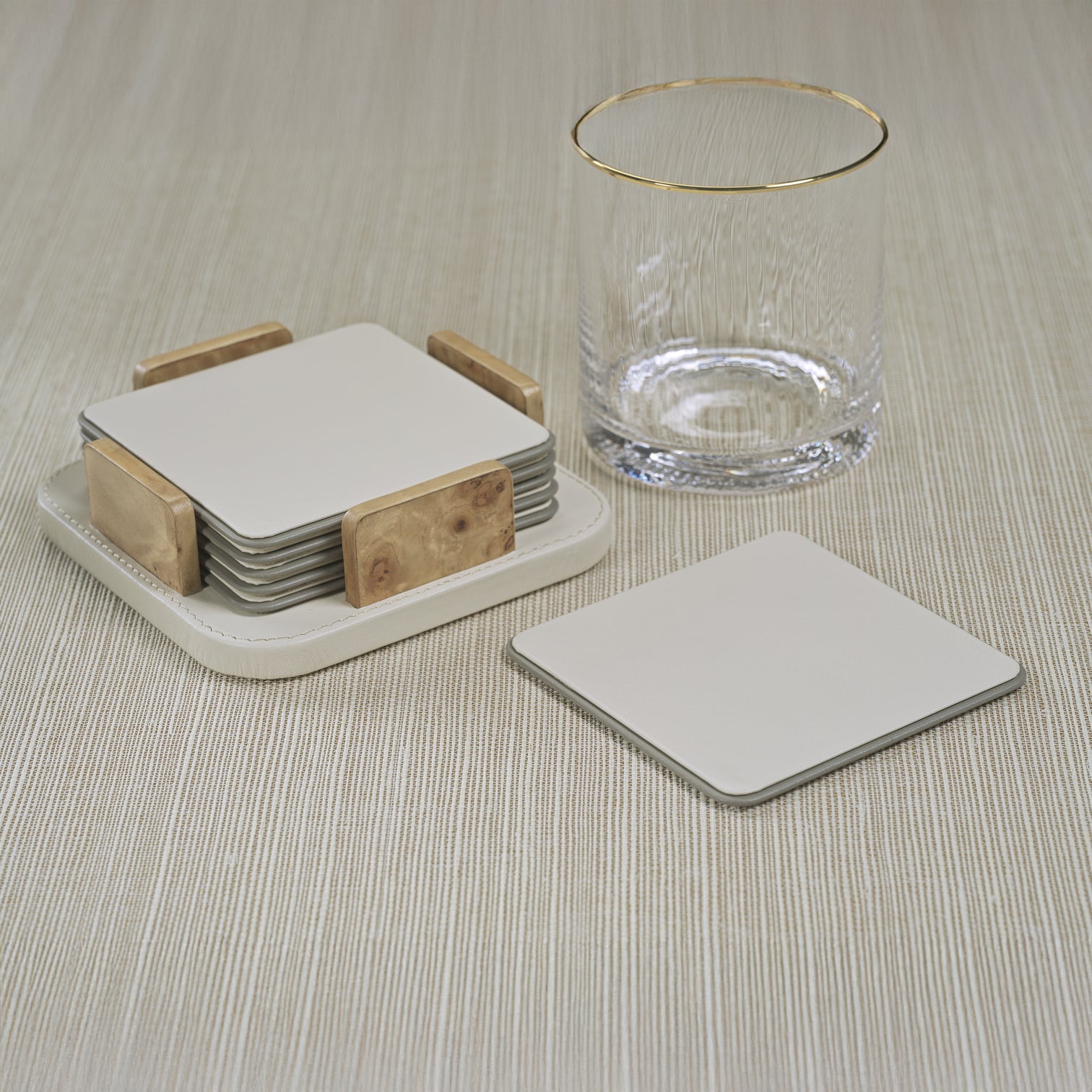 Sotto Leather with Burl Veneer Coaster Set - Ivory - Coasters by Carlyle Avenue