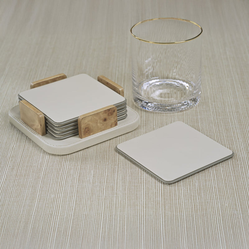 Sotto Leather with Burl Veneer Coaster Set - Ivory - Coasters by Carlyle Avenue
