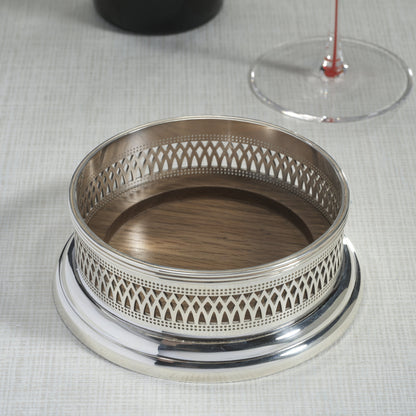 Sommelier's Edge Wine Bottle Coaster - Silver Plated w/ Wood Base - CARLYLE AVENUE