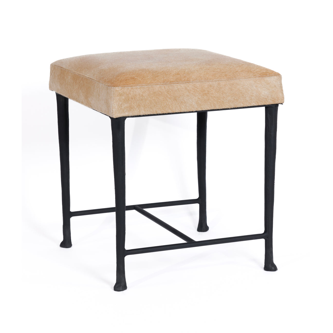 Corviglia Hair On Hide Leather Stool with Forged Iron Base - Tan