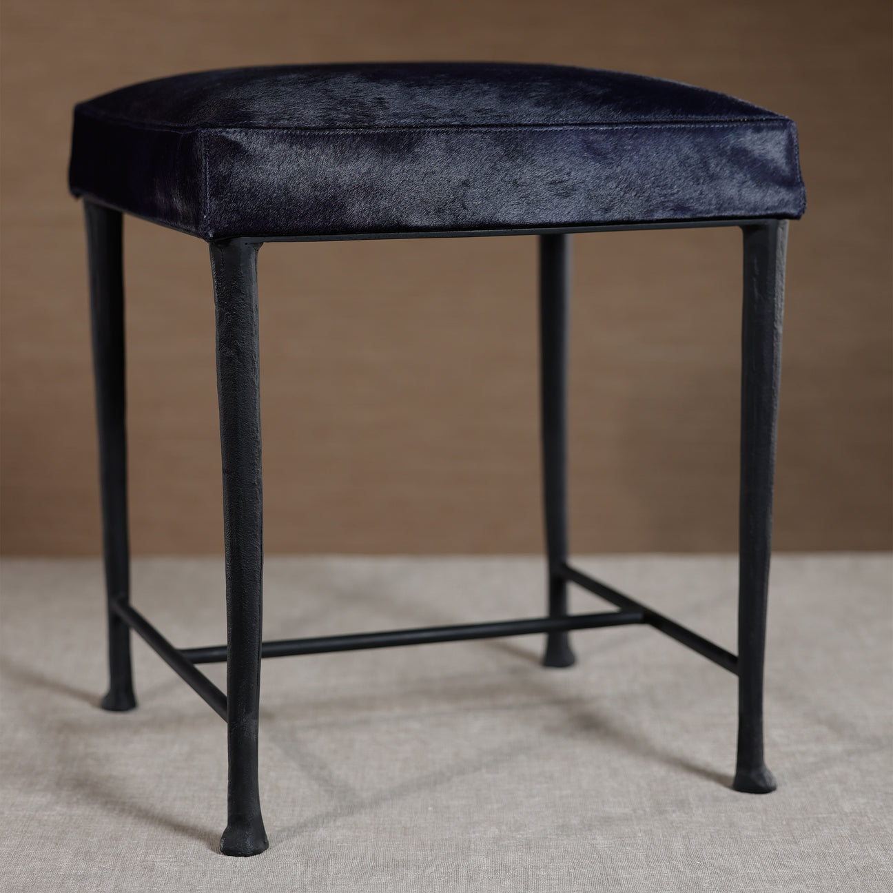 Corviglia Hair On Hide Leather Stool with Forged Iron Base - Navy