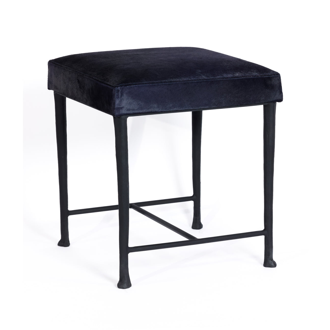 Corviglia Hair On Hide Leather Stool with Forged Iron Base - Navy