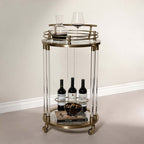 Opus Round Bar Cart / Trolley - Small with brass frame, acrylic legs, and wine storage.