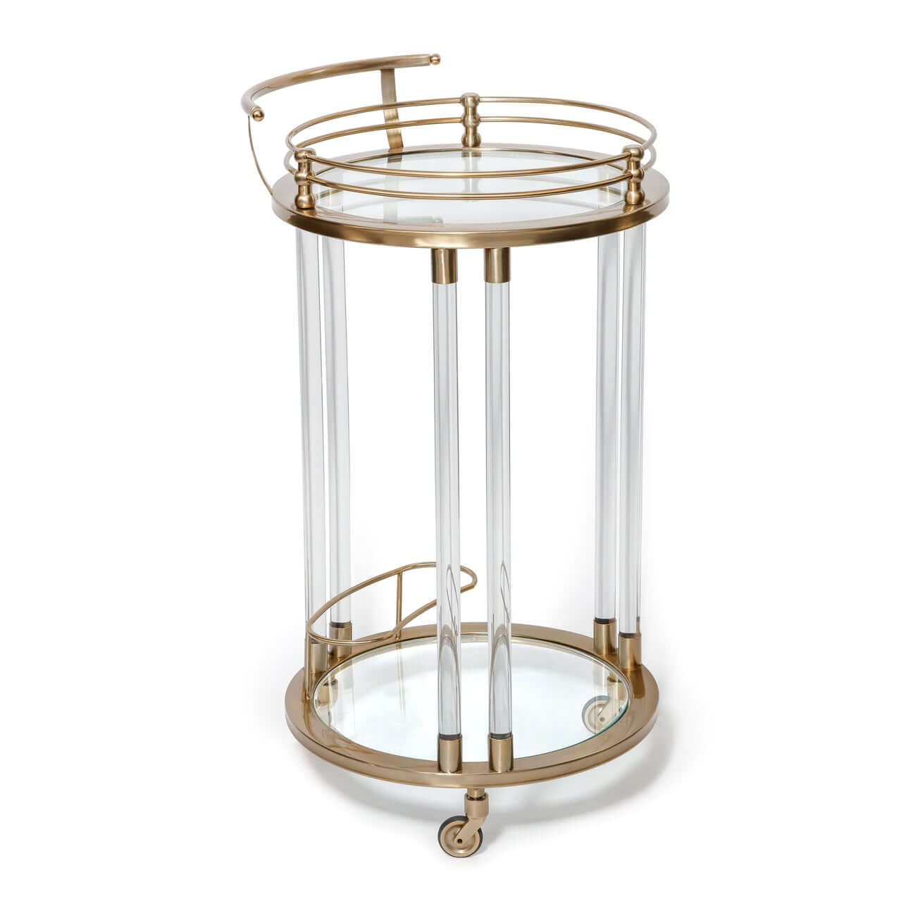 Opus Round Bar Cart / Trolley - Small featuring brushed brass frame and mirrored glass tiers.