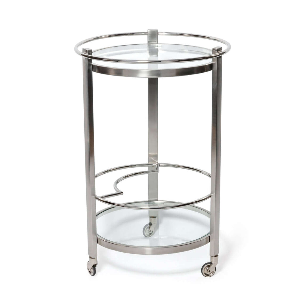 Élan Round Bar Cart / Trolley featuring polished chrome finish and clear glass shelves for stylish entertaining.