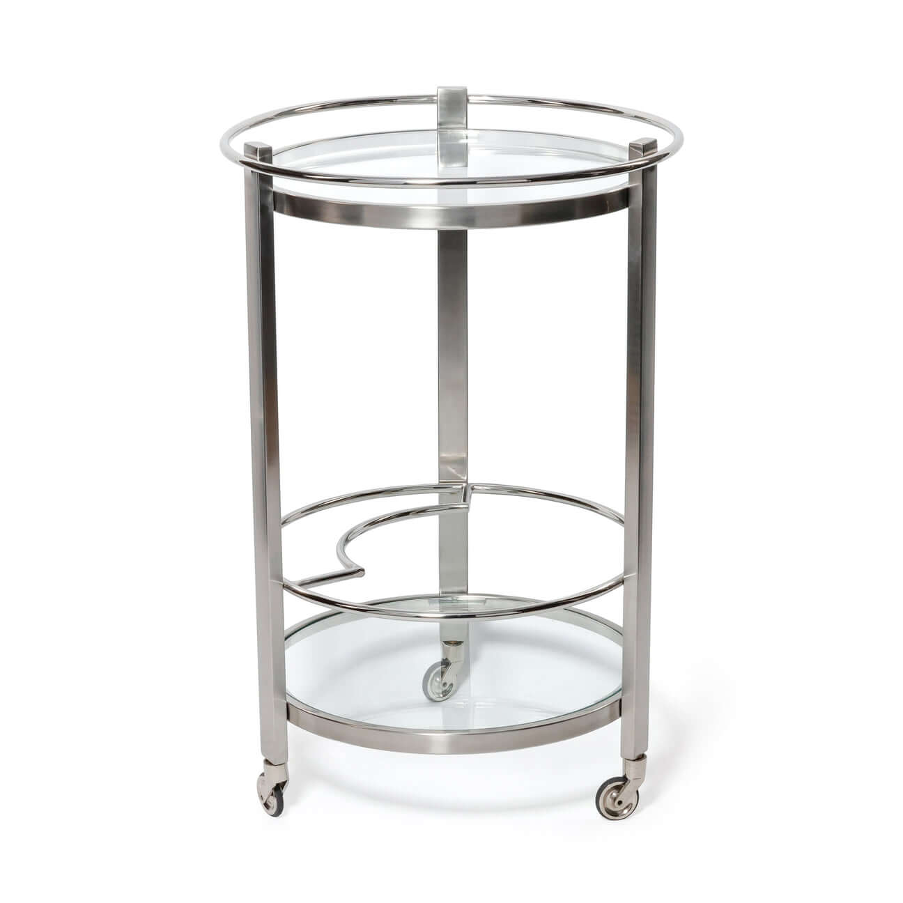 Élan Round Bar Cart / Trolley featuring polished chrome finish and clear glass shelves for stylish entertaining.