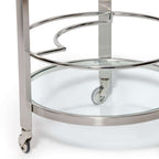 Élan Round Bar Cart / Trolley featuring polished chrome finish and glass shelves for contemporary entertaining.