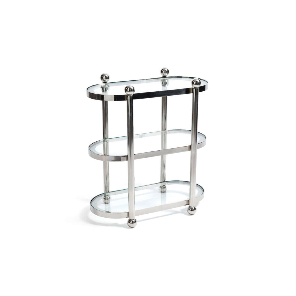 Three-Tier Étagère featuring polished silver frame and glass shelves for organized display.