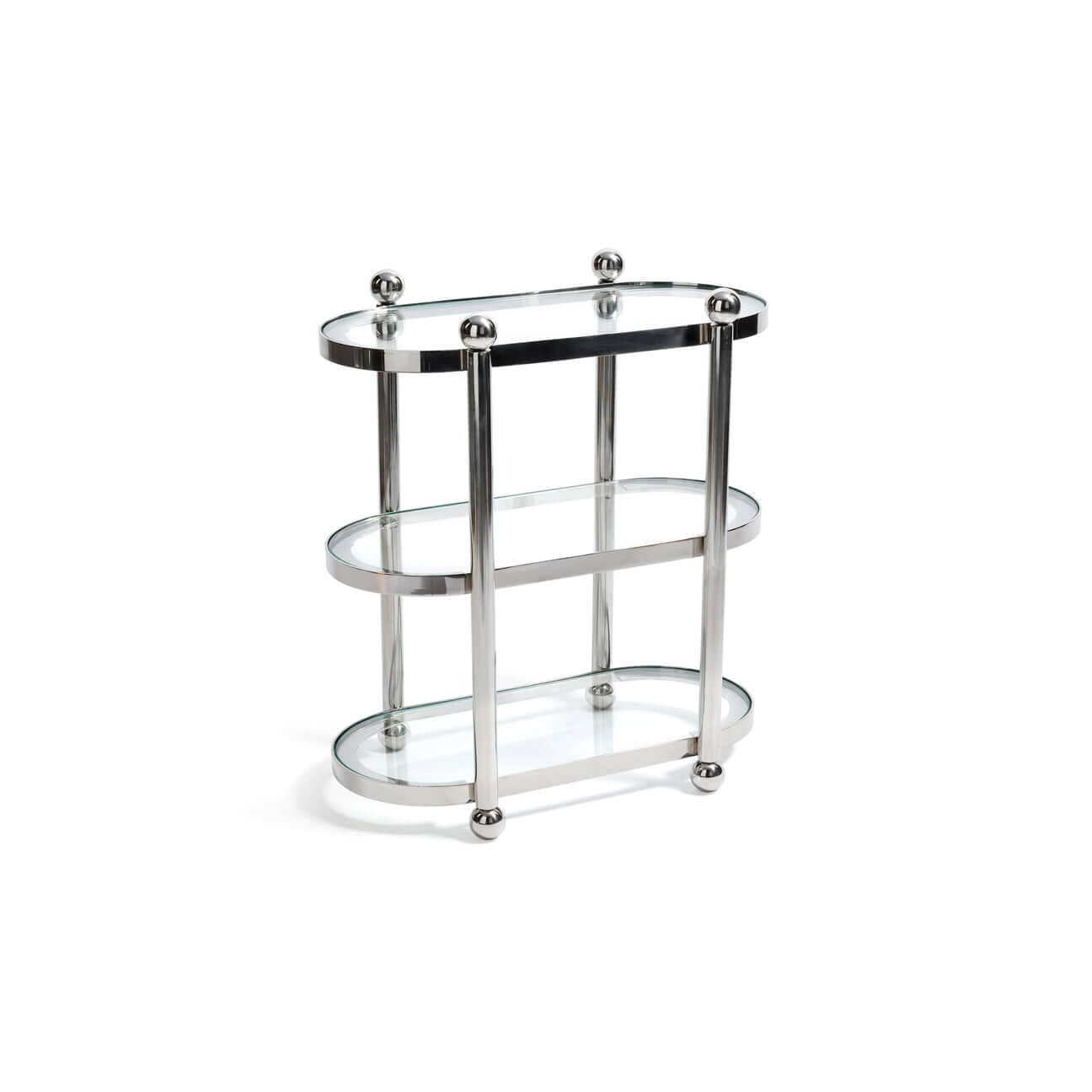 Three-Tier Étagère featuring polished silver frame and glass shelves for organized display.
