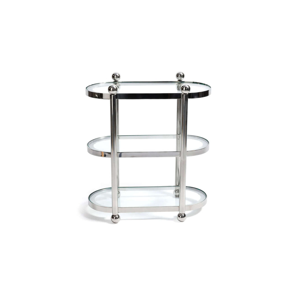 Three-Tier Étagère with polished silver frame and clear glass shelves for stylish organization.