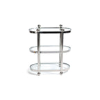 Three-Tier Étagère with polished silver frame and clear glass shelves for stylish organization.
