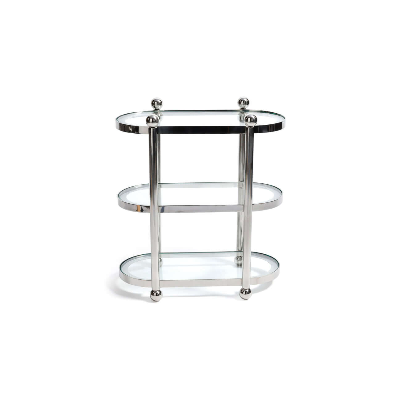 Three-Tier Étagère with polished silver frame and clear glass shelves for stylish organization.