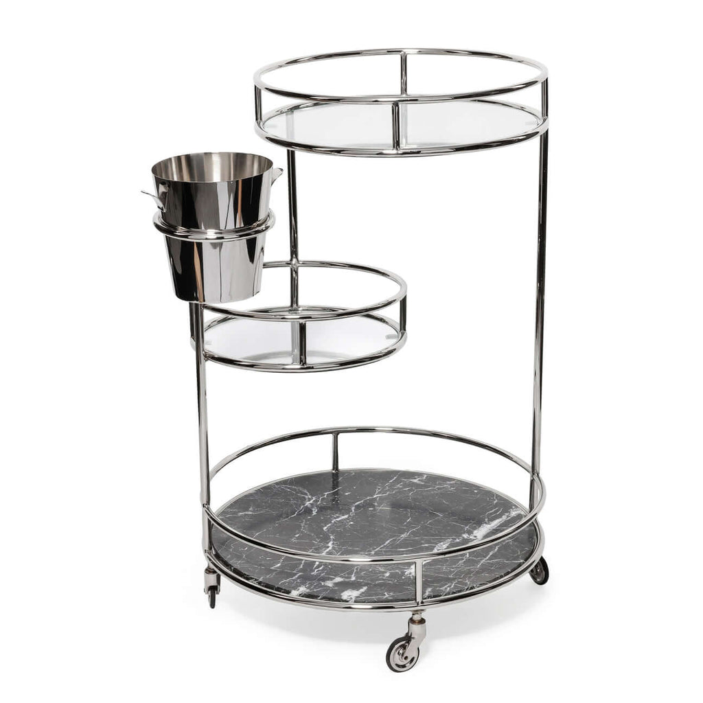 Paradise Cove Bar Cart with clear glass shelves and a black marble base, designed for stylish serving.